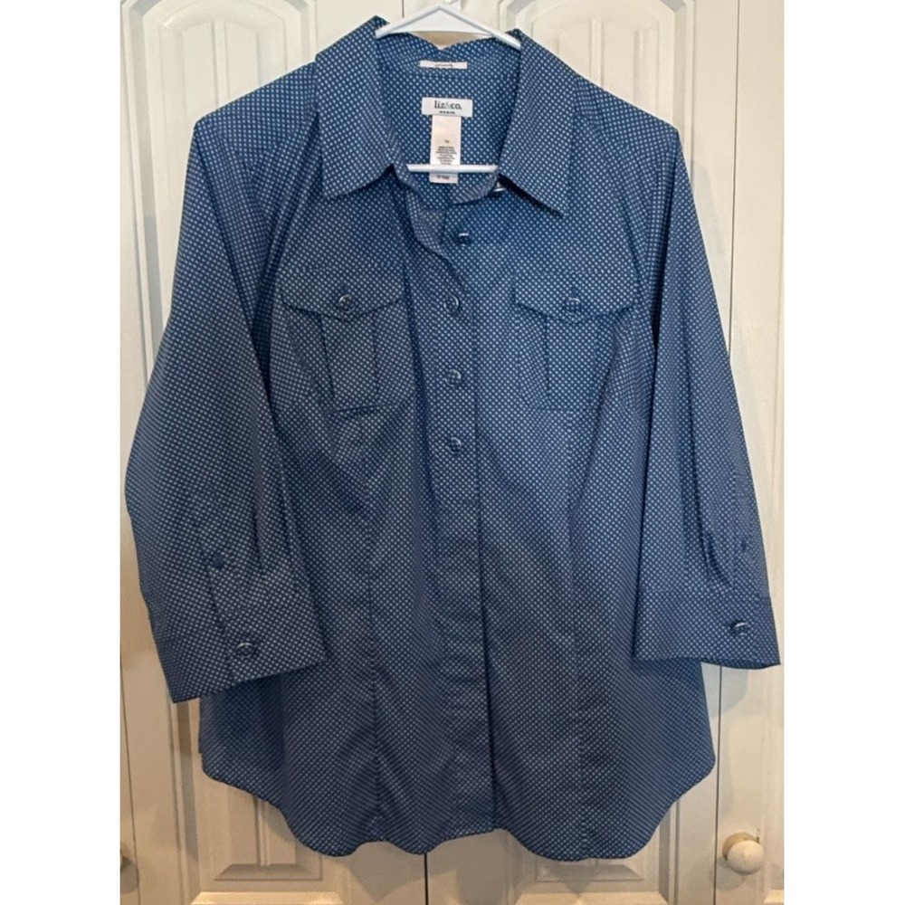 Liz & Co Woman 1X Blue White Polka Dot Button Up Shirt Stretch Cotton Long Sleev